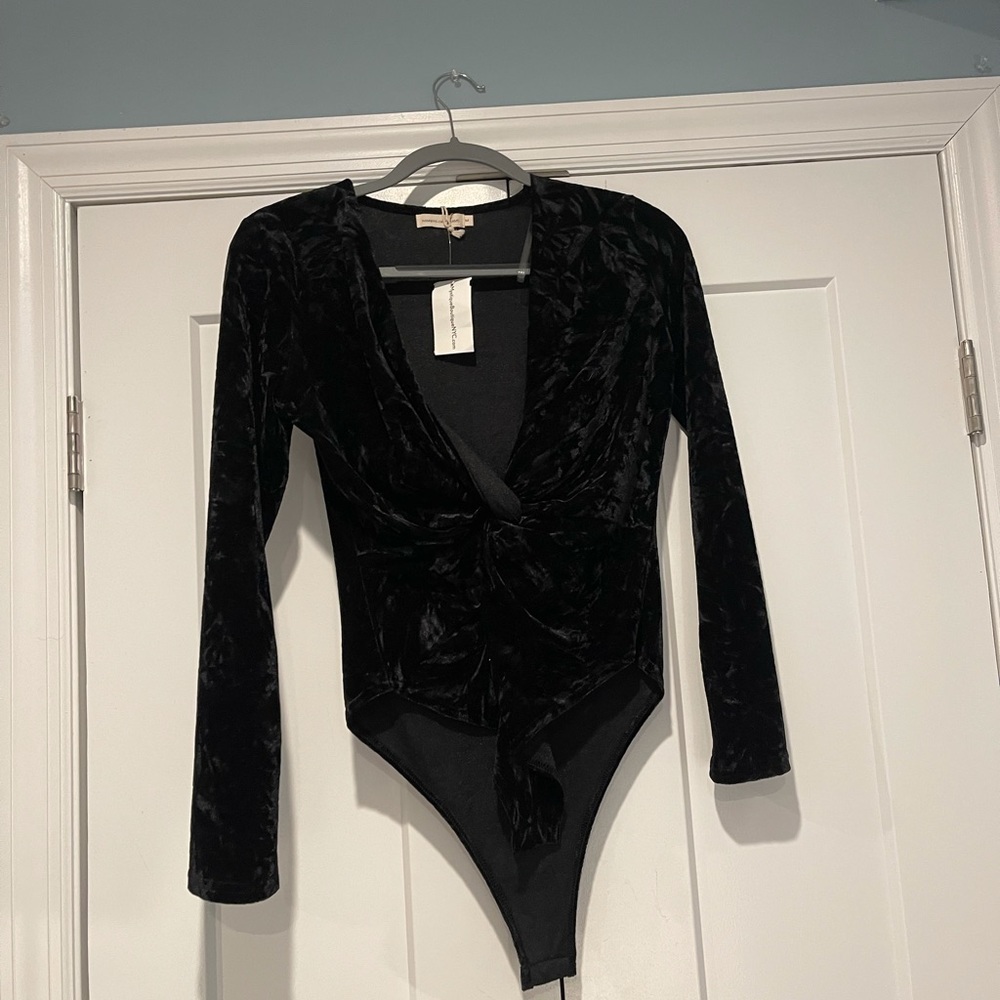 Black suede long sleeve deep V bodysuit